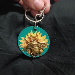 Teal Sunflower and Gold Bee Keychain